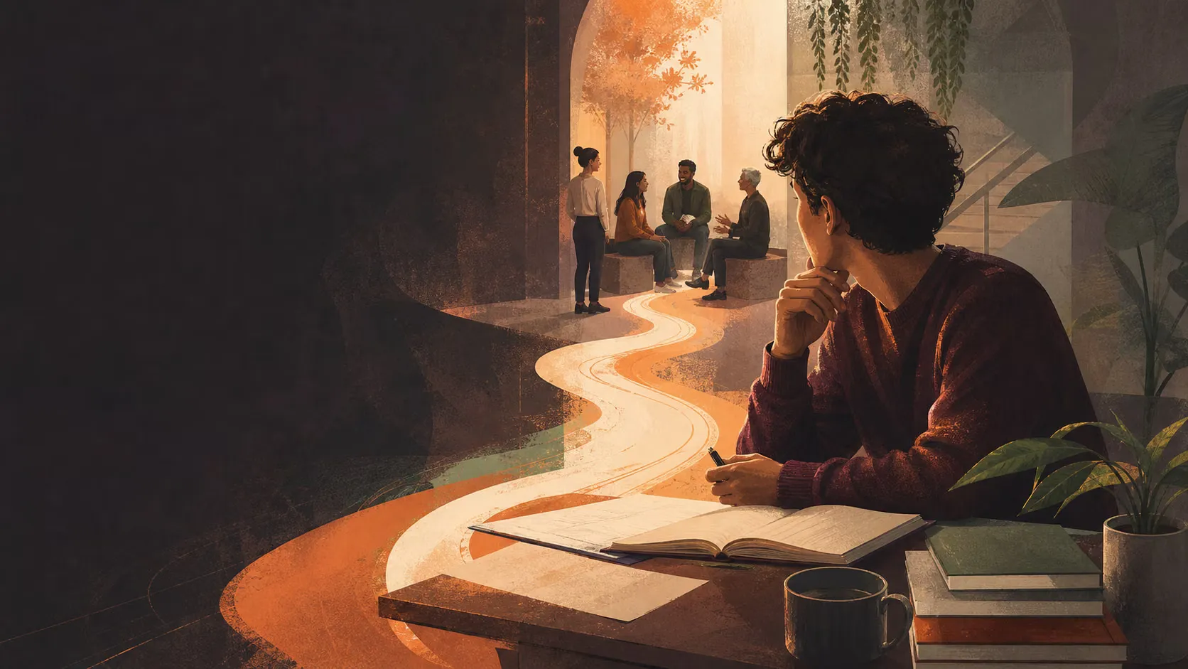 A student considers a path from an abstract signal toward a group of human support figures