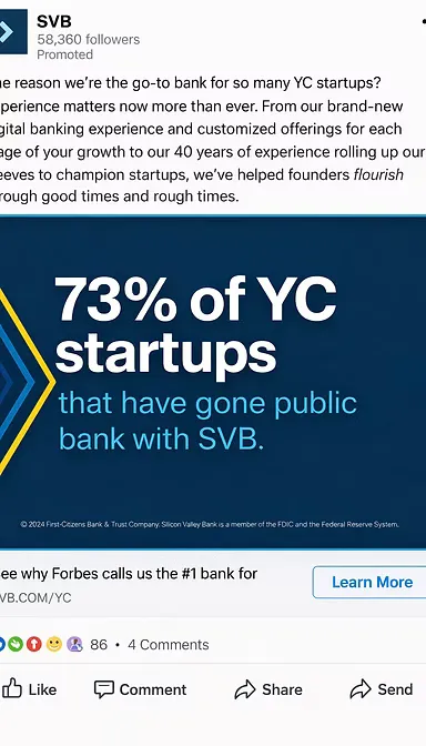 Silicon Valley Bank promoted LinkedIn post reading '73% of YC startups that have gone public bank with SVB'