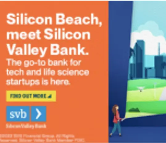 Silicon Valley Bank Miami display ad reading 'Silicon Beach, meet Silicon Valley Bank'