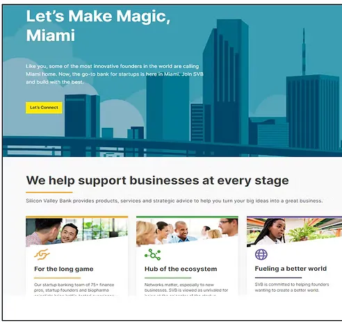 Silicon Valley Bank Miami landing page headlined 'Let's Make Magic, Miami' with local banker support tiers