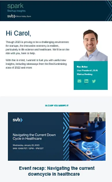 Silicon Valley Bank Spark newsletter — the nurture-email creative behind the segmented, A/B-tested flow
